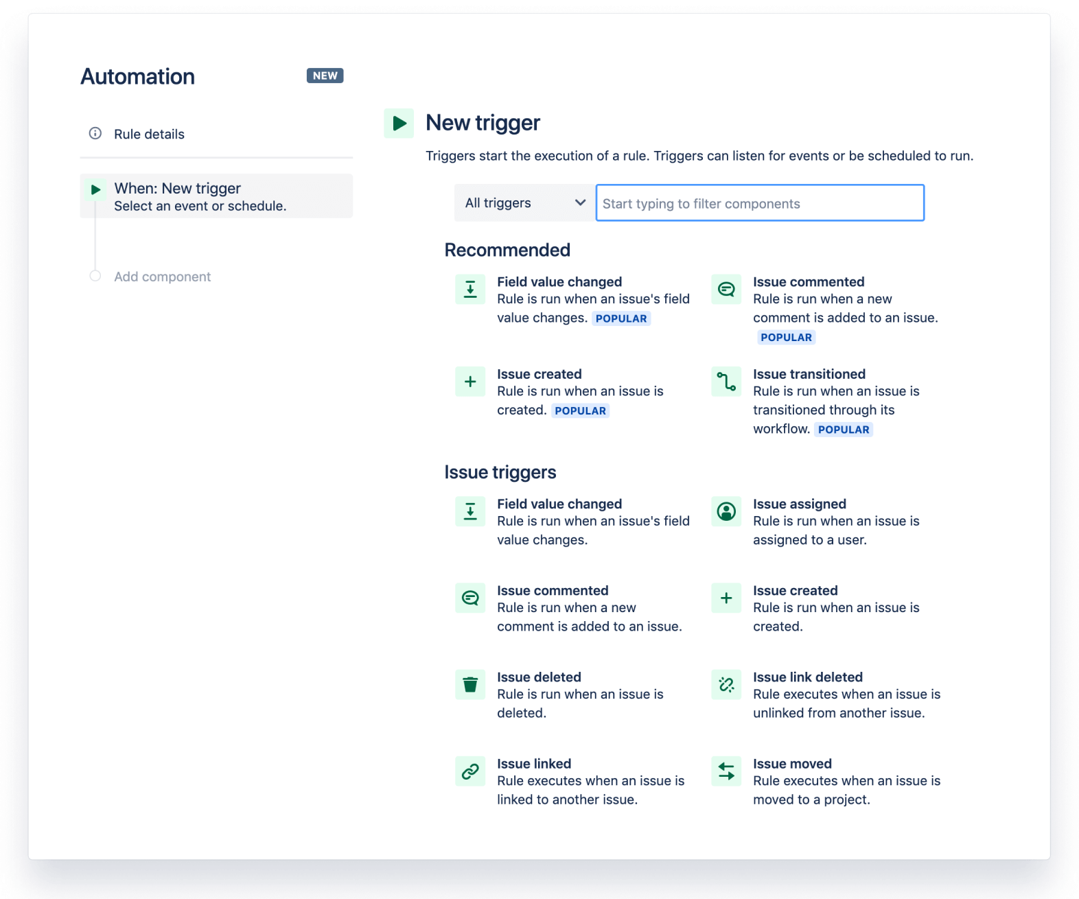 Снимок экрана: новый триггер в Jira Automation